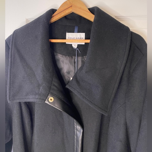 Cole Hann | Black Wool Trench Coat with Leather Trim Women’s 3X - Picture 5 of 16